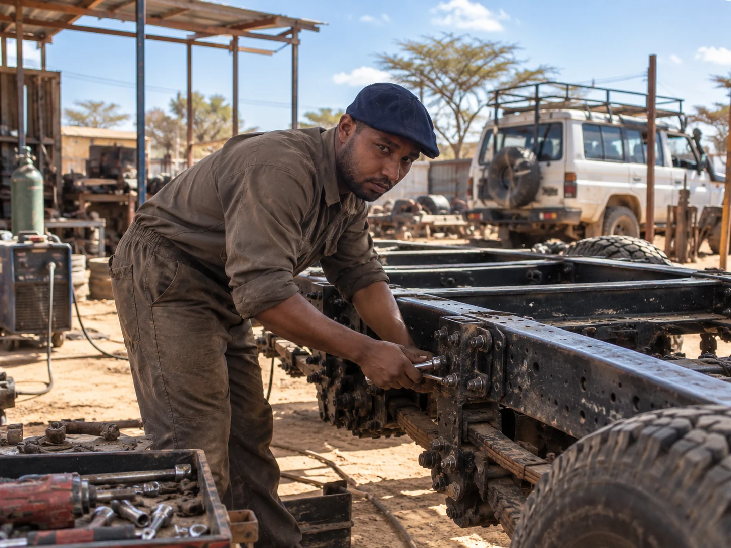 Mechanic adjusting a vehicle chassis in the workshop