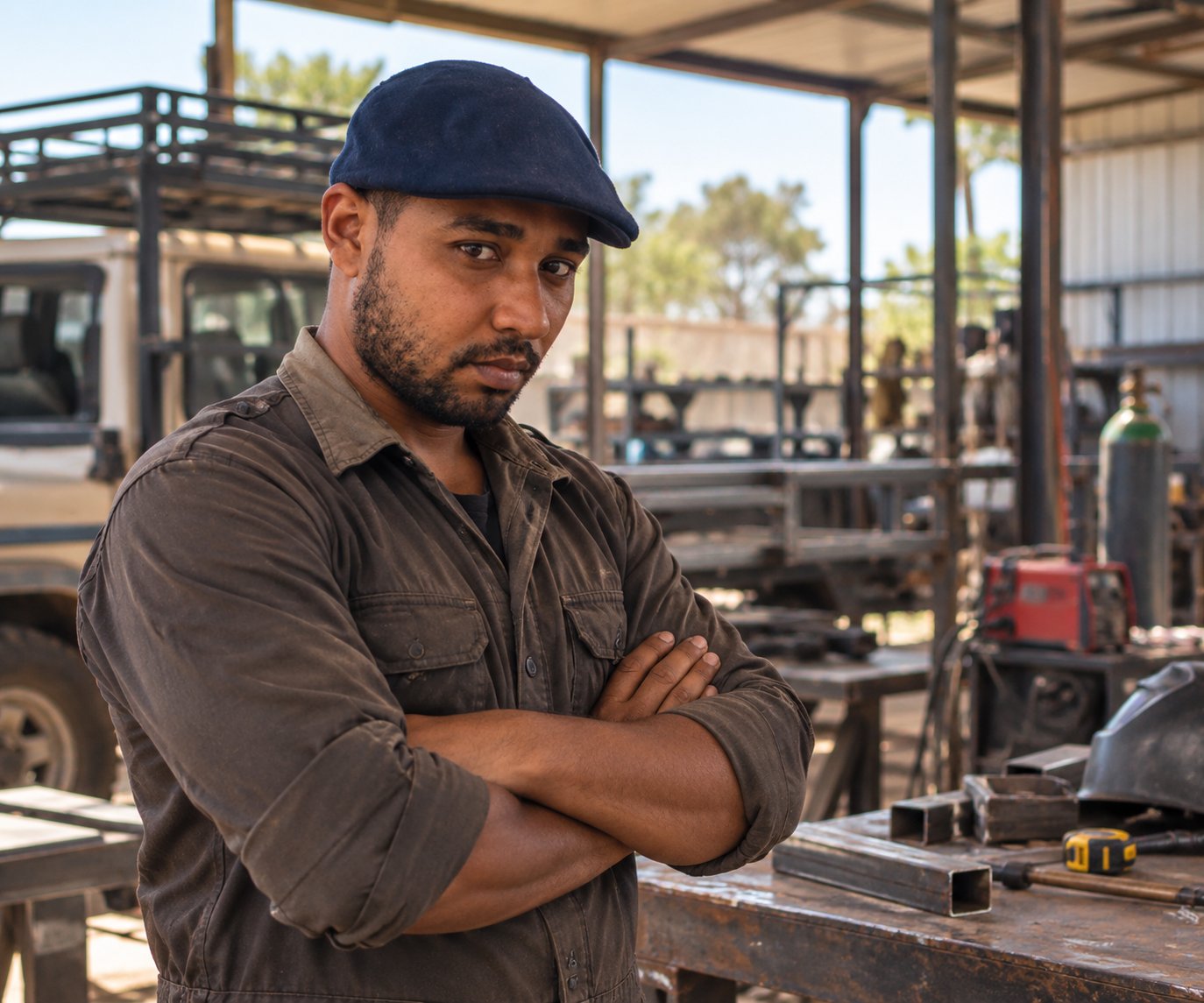 Experienced fabricator standing in his Kenyan workshop