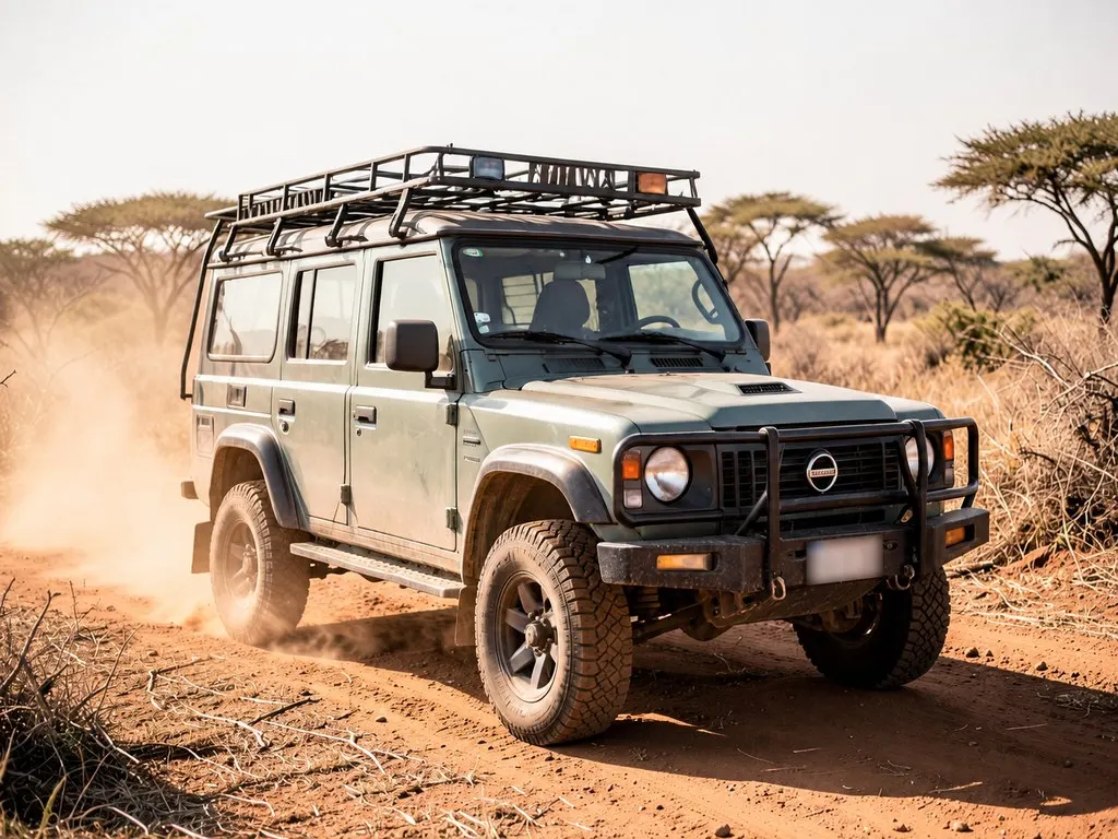 Illustrative 4x4 with a fabricated roof rack in Kenyan surroundings