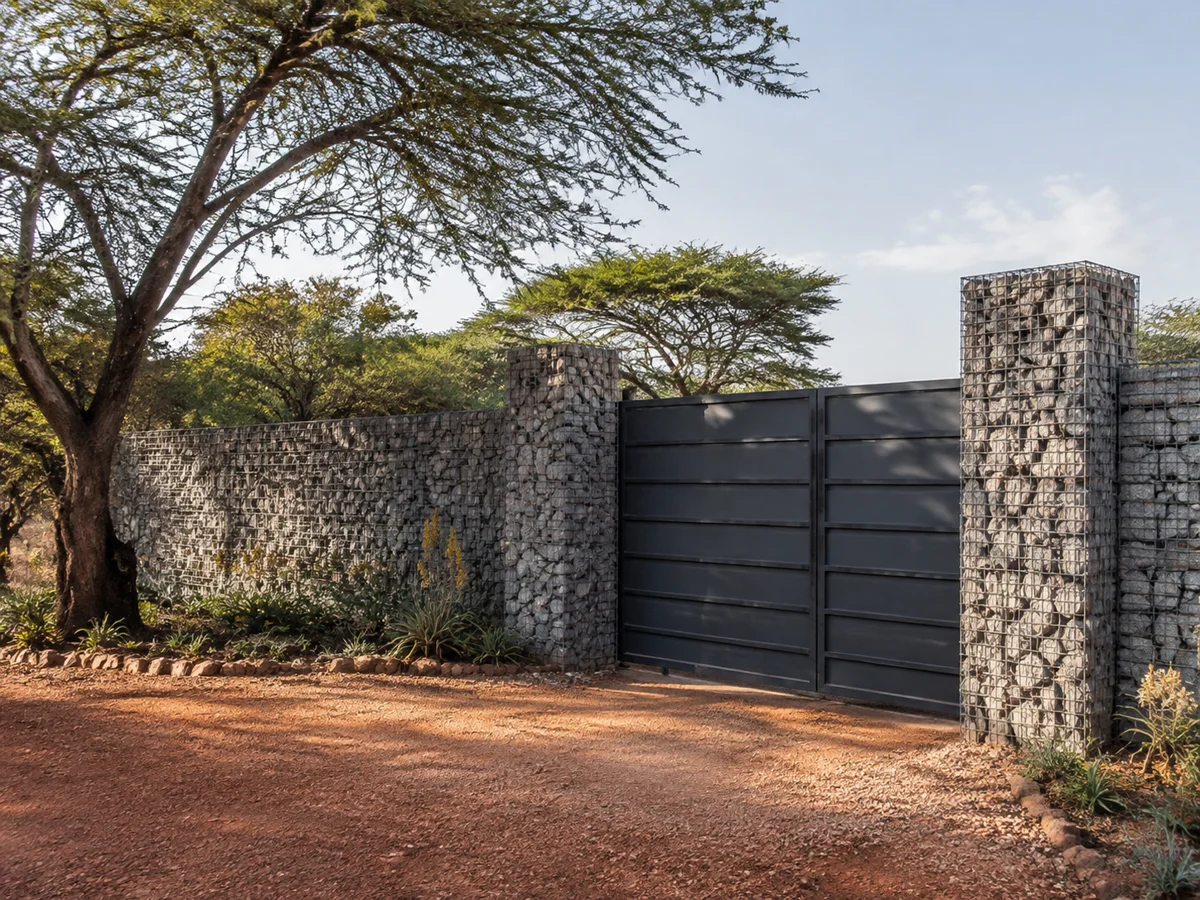 Illustrative gabion boundary wall with a custom steel entrance gate