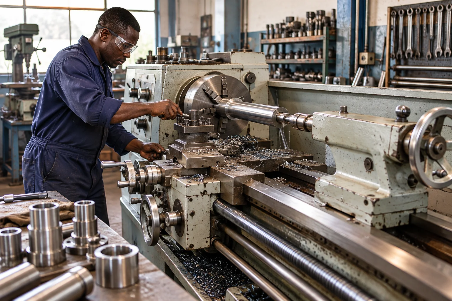 Illustrative machining of a metal shaft on a lathe