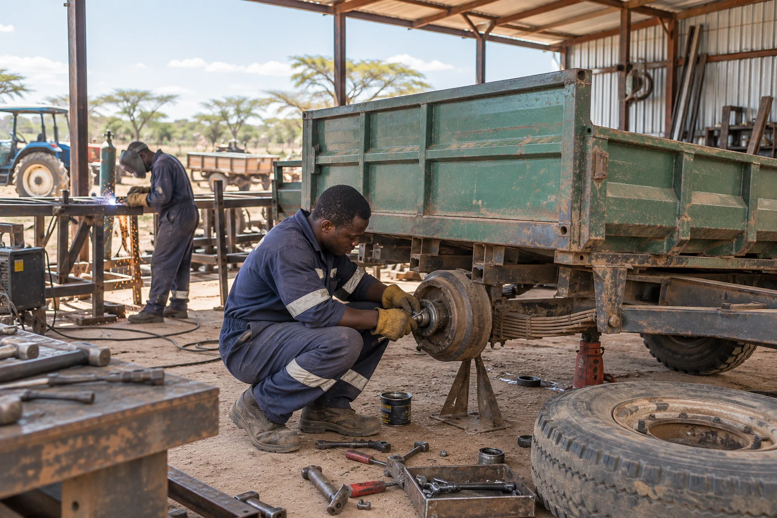 Mechanic repairing the wheel hub of an agricultural trailer