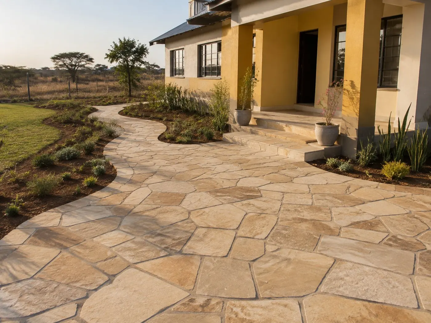 Mazeras stone driveway and curved path at a Kitengela home