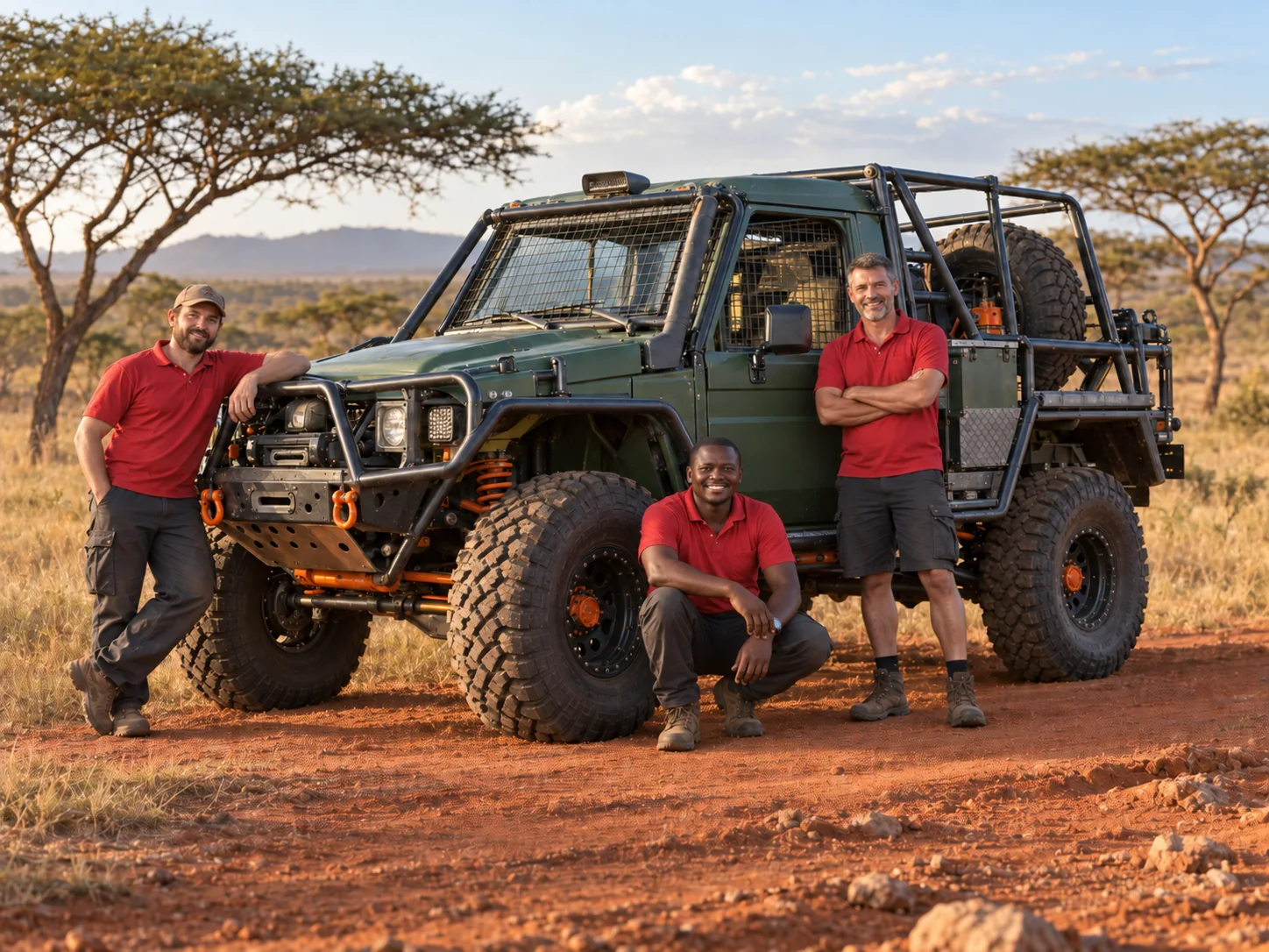 Rhino Charge-style 4x4 conversion with its three-person build team in Kitengela