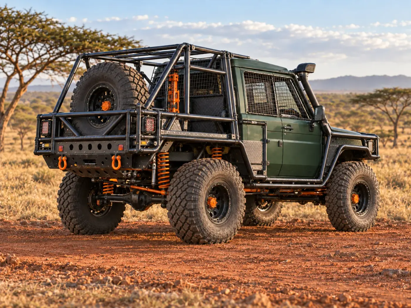 Rear chassis and spare-wheel setup on a Rhino Charge-style conversion
