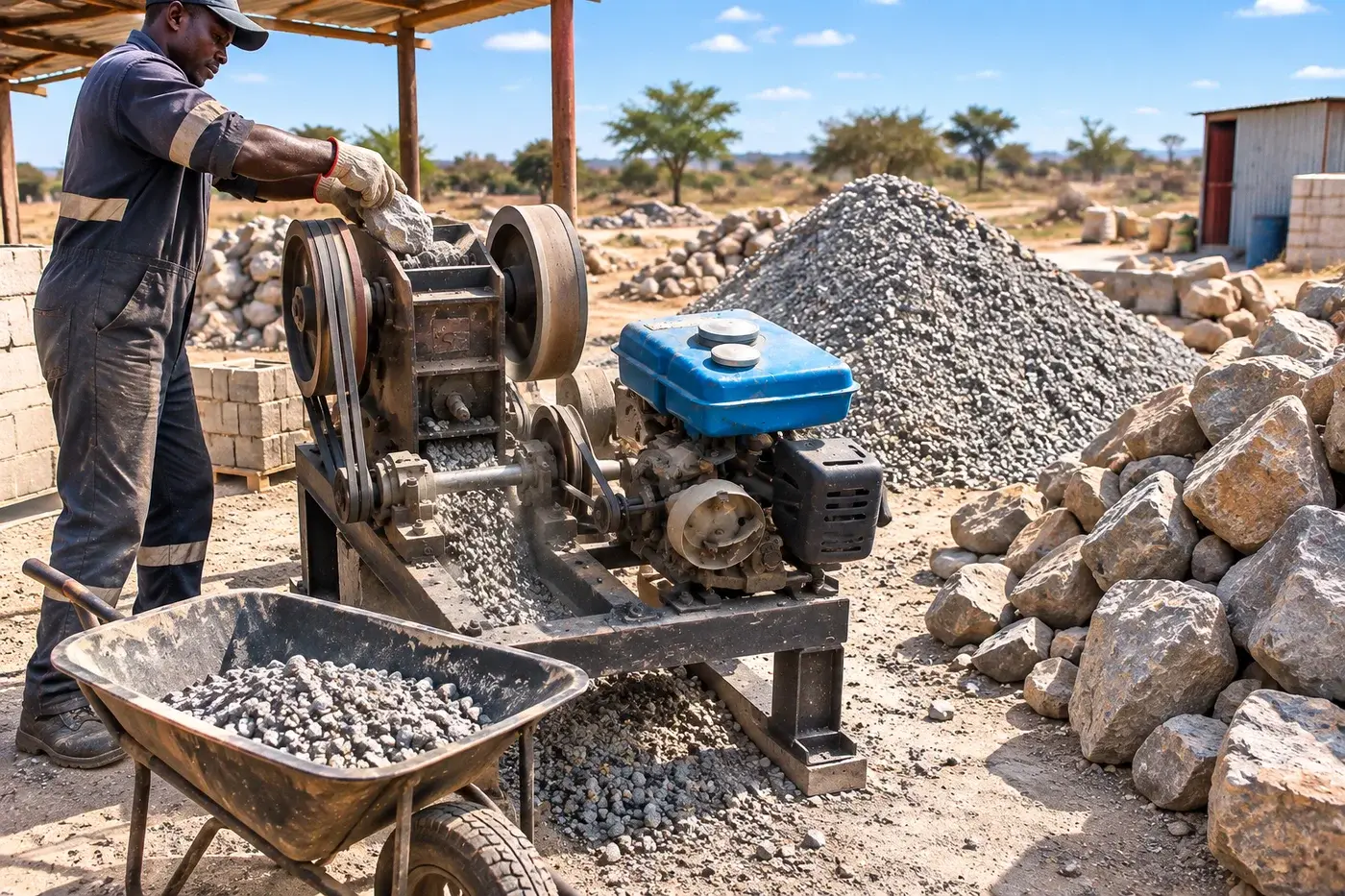 Compact rock crusher producing graded stone beside prepared aggregate