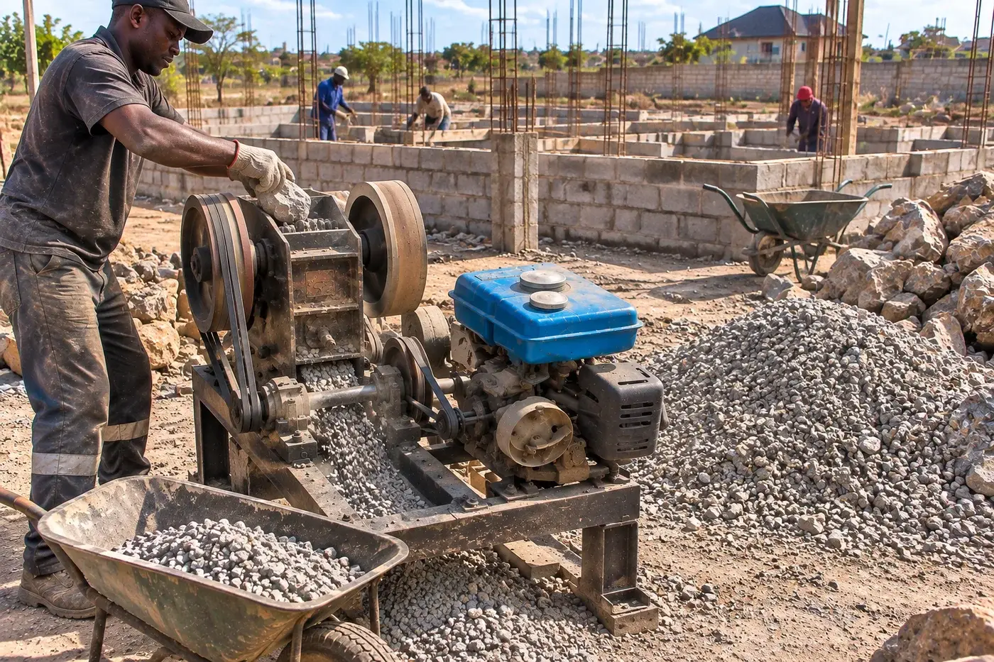 Worker operating a compact rock crusher at a Kenyan construction site