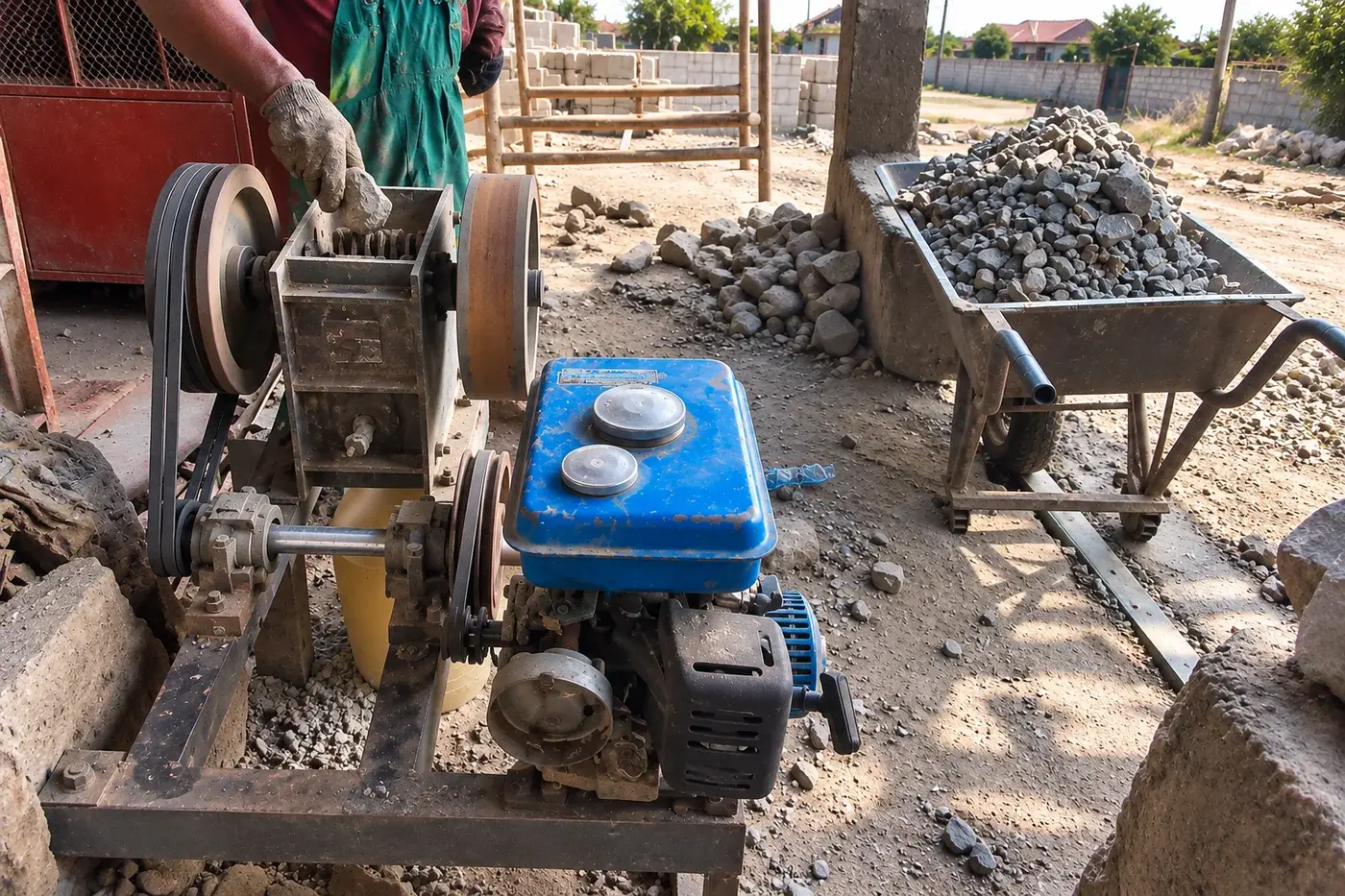 Close view of a compact stone crusher and wheelbarrow of crushed aggregate