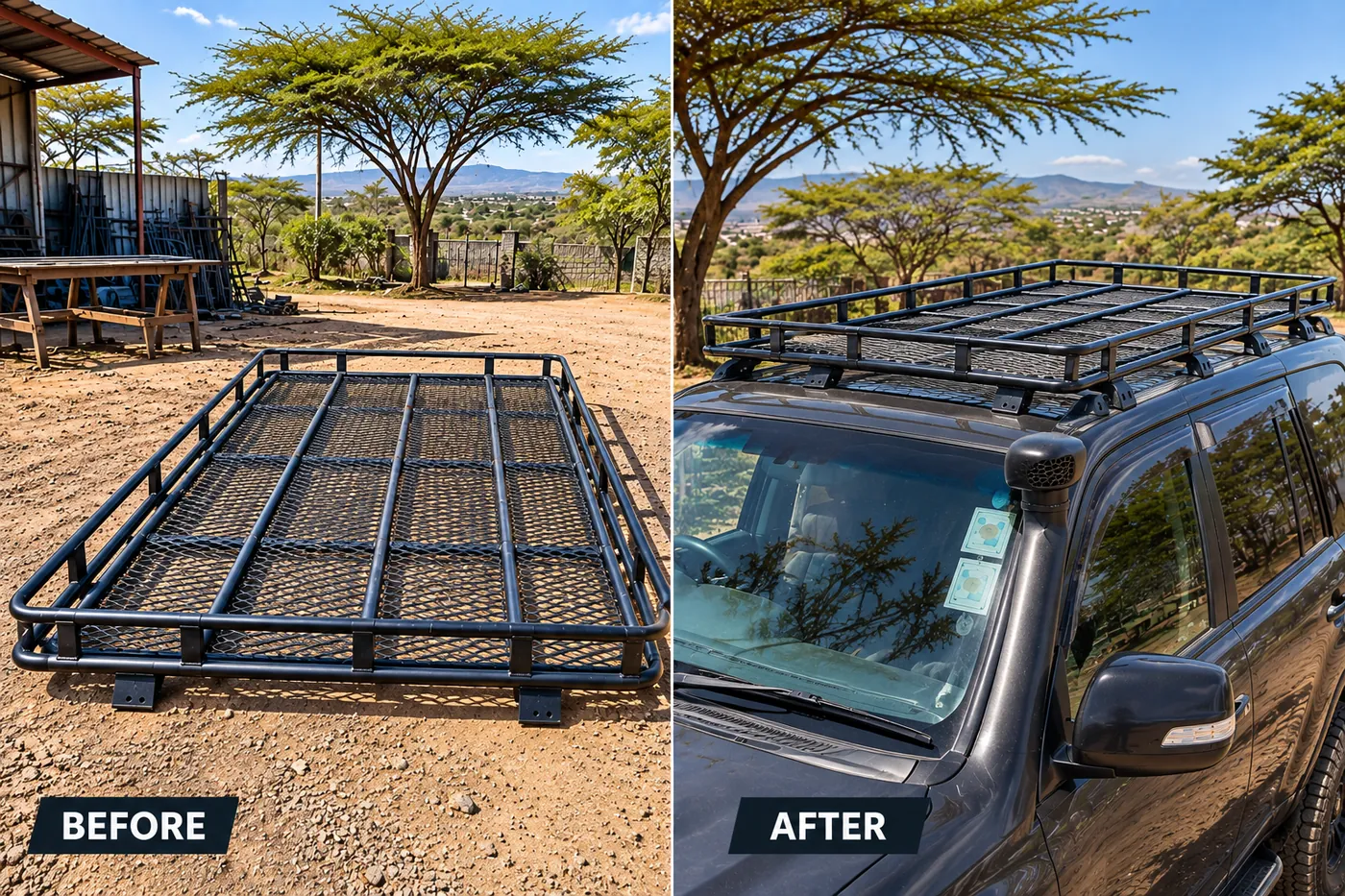 Custom steel roof rack before fitting and installed on a 4x4 in Kitengela