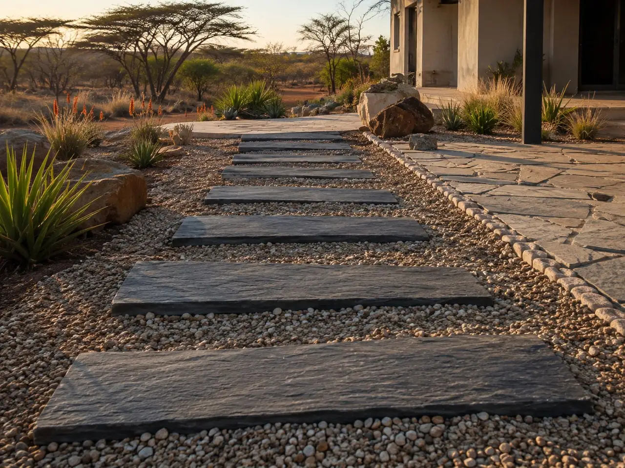 Silicon rock stepping-stone path in a landscaped Kitengela compound